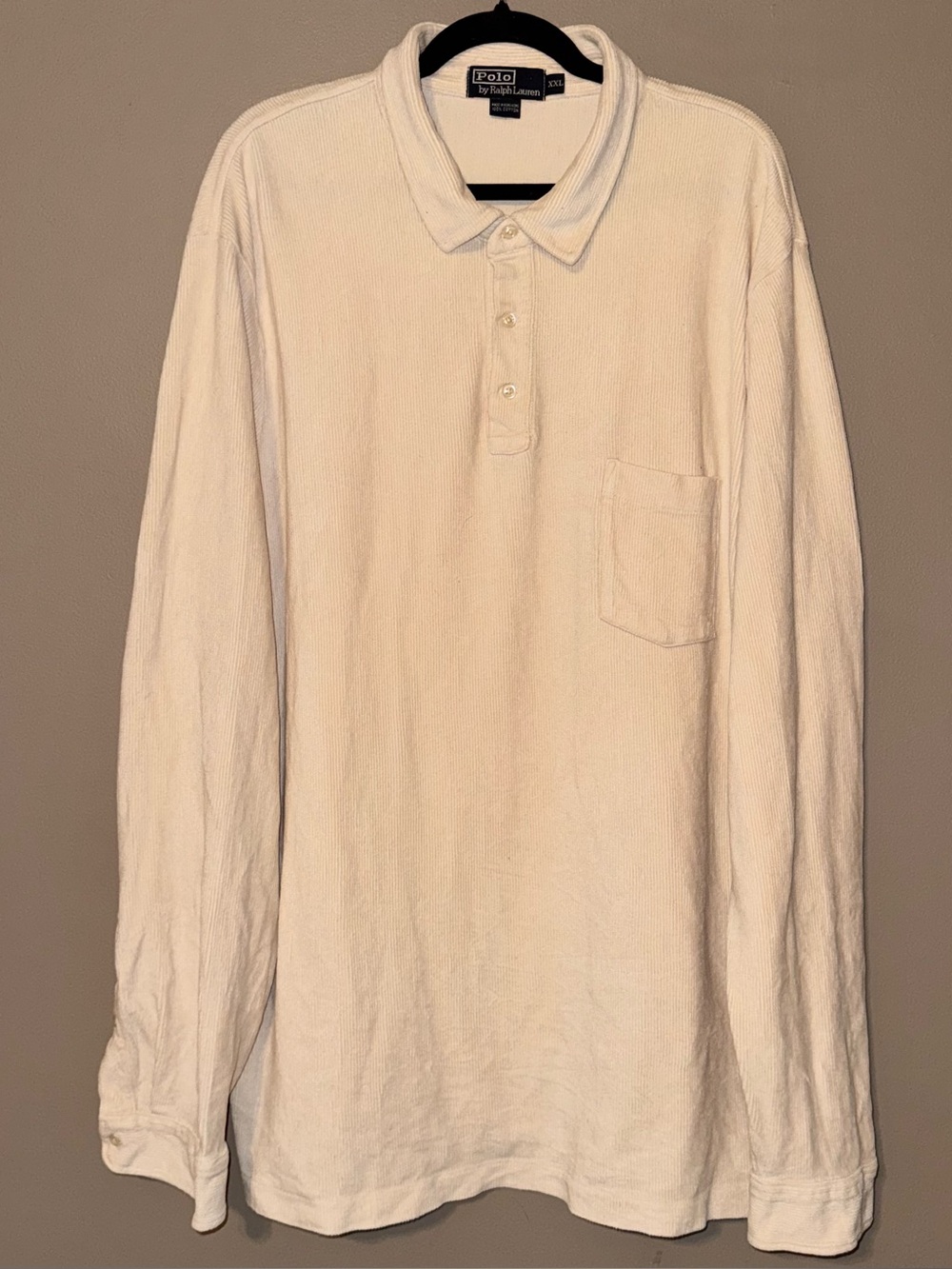 VTG Polo Ralph Lauren Crème Corduroy Longsleeve Polo Shirt Chest Pocket Mens 2XL